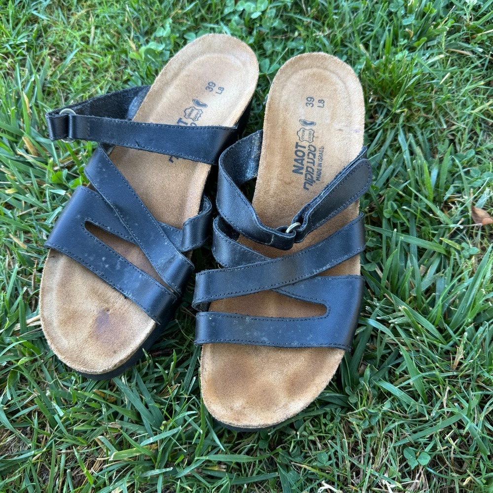 Naot Sandals Womens US 8 Black Leather Cork Cross Strap Minimalist Wedge Slides